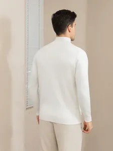 Premium men's slim-fit white turtleneck knit sweater, elegant business casual back view style