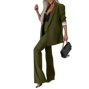 Stijlvol olijfgroen tweedelig pak met blazer en broek met wijde pijpen voor dames