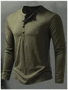 Men's olive green long-sleeve Henley shirt with button placket and textured fabric.