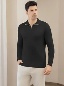 Men's professional slim-fit business casual half-zip knit polo sweater in black long sleeve