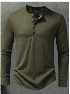 Detailed view of olive green Henley long sleeve T-shirt for men, featuring button placket