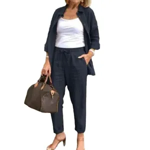 Women's navy blue linen two-piece set with long sleeve shirt and belted harem pants