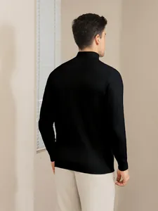 Men's black mock neck long sleeve knit sweater in a slim fit business casual style