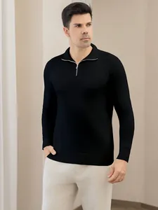 Men's black quarter-zip knit polo sweater, slim fit business casual long sleeve top