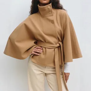 Dames Elegante Effen Kaap Trenchcoat Staande Kraag Knoop Wollen Stijl Windjack met Riem