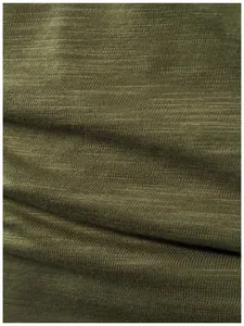 Macro view showing the breathable olive green knit fabric texture of the men's Henley shirt