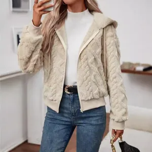 Gemütliche beige Fleece-Kapuzenjacke mit Zopfmuster und Reißverschluss für Damen