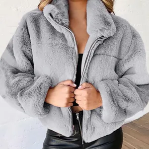 Veste en fausse fourrure grise pour femme avec fermeture éclair hiver