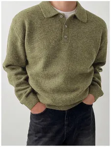 Detailed view of olive green knit polo sweater on a model for autumn fashion