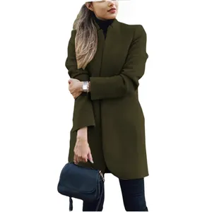 Elegant olive green stand-collar woolen coat for women, perfect for autumn fashion
