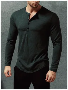 Slim fit dark green long-sleeved Henley shirt with four-button placket for men
