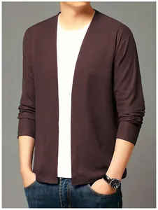 Cardigan décontracté en maille gaufrée marron foncé pour homme, mode de printemps