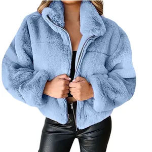 Veste douillette en fausse fourrure bleu clair pour femme avec fermeture éclair chaude