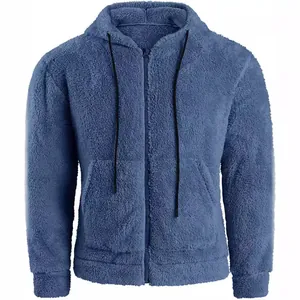 Solid blue men's fuzzy hooded fleece jacket featuring a full zipper and front pockets