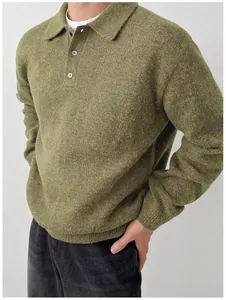 Detailed view of olive green knitted polo sweater texture and buttoned collar design
