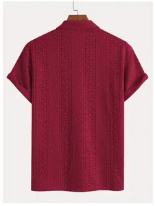 Detailed back view of a burgundy textured knit shirt with vertical stripe patterns