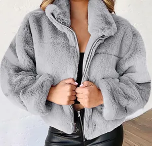 Elegant grey faux fur zipper jacket for women, warm winter plush cardigan coat