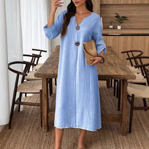 Casual light blue V-neck cotton linen midi dress with decorative buttons for women