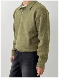 Close-up of a men's olive green polo collar knit sweater featuring a casual, cozy fit