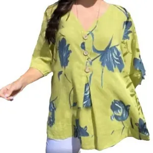 Floral print cotton linen V-neck short sleeve blouse in lime green for stylish women