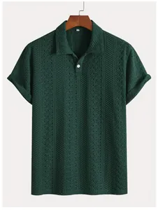 Detailed view of dark green men's textured knit polo shirt with vertical stripe pattern