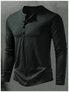 Close-up of men's dark green slim fit long sleeve Henley shirt with button placket detail