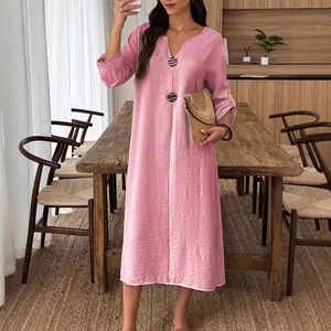 Casual pink V-neck long-sleeved cotton linen midi dress for women with button detail