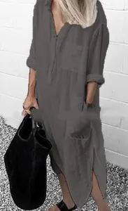 Elegant solid grey long-sleeve shirt dress for women with side slits and pockets