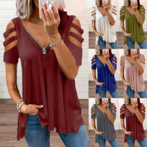 Camiseta de Mujer con Cuello en V y Cremallera Manga Corta Hombros Descubiertos Textura de Gofre Color Sólido Sexy Top de Verano de Poliéster