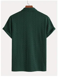 Detailed back view of dark green textured knit shirt with vertical stripe pattern