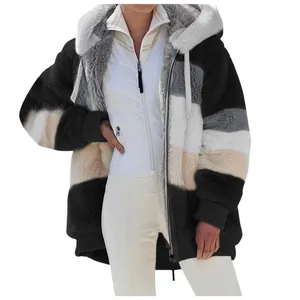 Women's oversized color-block faux fur hooded jacket with warm striped plush