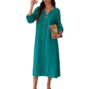 Casual V-neck long-sleeve linen midi dress in teal featuring decorative buttons