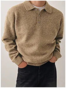 Men's casual camel knit polo sweater featuring a comfortable fit and thick texture.