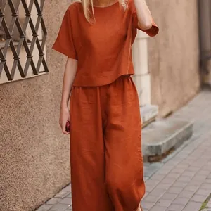 Women's Casual Plus Size Cotton Linen Two Piece Set Loose Round Neck Shirt Wide Leg Pants Solid Color Summer Outfits