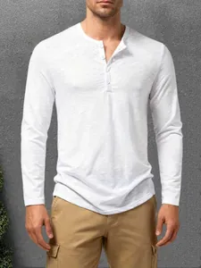 Front view of men's casual white long-sleeve Henley t-shirt with button neckline