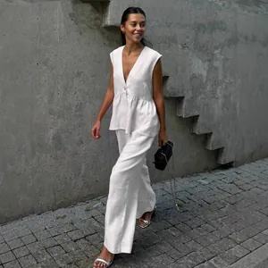 Elegant white V-neck sleeveless top and wide-leg trousers linen set for women fashion