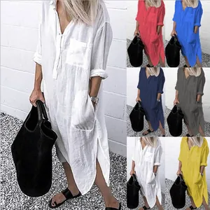 Women's Elegant Casual Cotton Blend Maxi Shirt Dress Solid Color Lapel Long Sleeve Single Breasted Slit Dress With Pockets