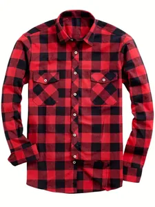 Classic red and black checkered long sleeve flannel shirt for men featuring chest pockets