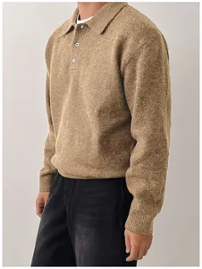 High-quality men's polo collar knit sweater in tan earth tone featuring button detail