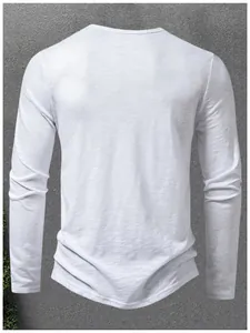 Detailed back view of a slim fit white long sleeve Henley shirt featuring a slub texture