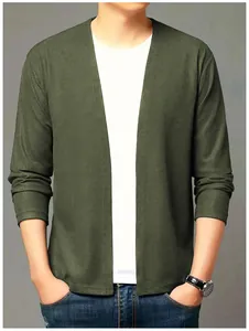 Gros plan sur le cardigan en maille gaufrée vert olive pour homme, design ouvert moderne.