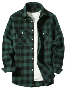 Casual men's green and black checkered plaid flannel shirt featuring two chest pockets