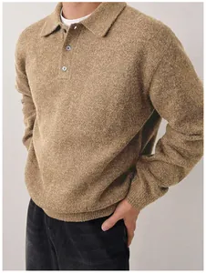 Detailed view of a men's brown knit polo sweater with collar and buttons.