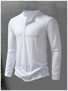 Detailed view of men's white slub cotton Henley T-shirt with button placket design