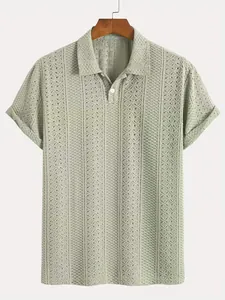 Sage green men's textured vertical stripe knit polo shirt with breathable design