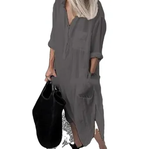 Elegant charcoal grey long-sleeved maxi shirt dress with side slits and chest pocket