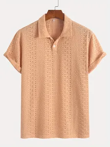 Men's premium apricot knit polo shirt with breathable vertical stripe texture for summer