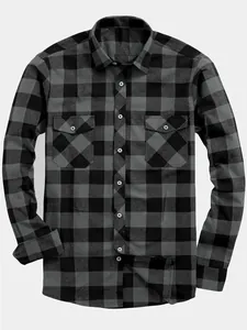 Classic men's casual long-sleeved shirt featuring a bold grey and black buffalo plaid pattern