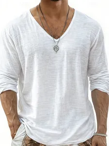 T-shirt homme blanc col V à manches longues en tissu flammé léger et respirant