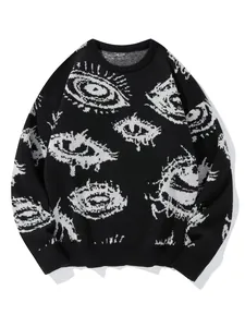 Herren Dark Style Augenmuster Jacquard Pullover European Street Oversized Strickwaren Lose Lazy Crew Neck Dicker Winter Top